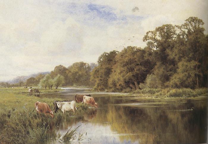 Henry h.parker Cattle watering on a Riverbank (mk37) Spain oil painting art